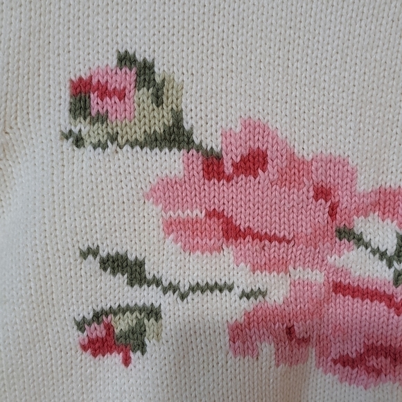 80s 90s RARE Floral Print Hand Knit Crewneck Cardigan Sweater Large  Cottagecore - Picture 5 of 16
